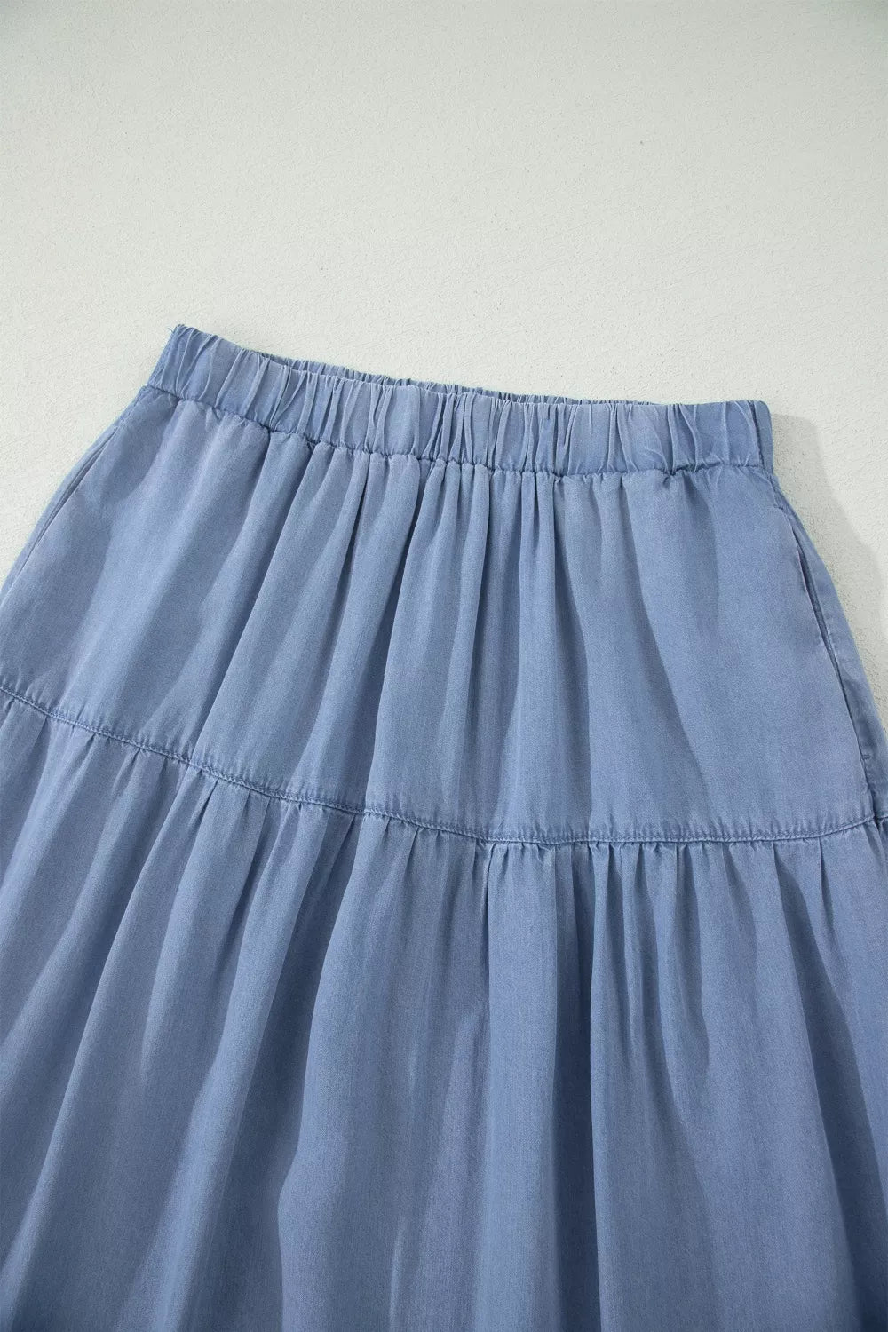Elastic Waist Ruffled Tiered Flared Denim Maxi Skirt