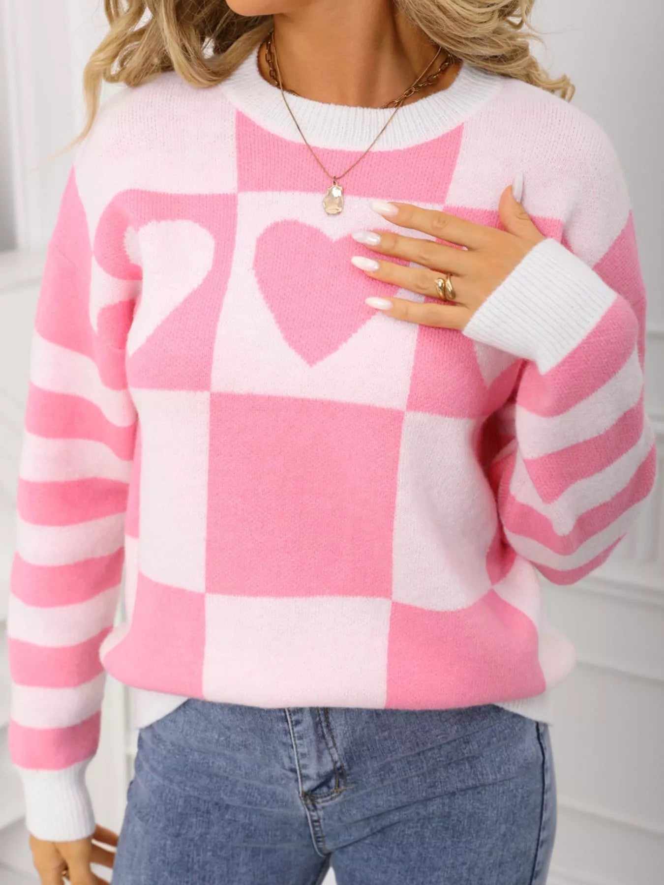 Heart Pattern Checkerboard Knit Sweater
