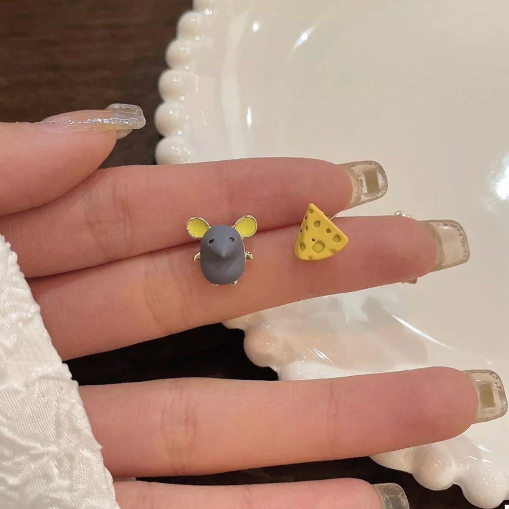 Asymmetrical Mouse & Cheese Stud Earrings