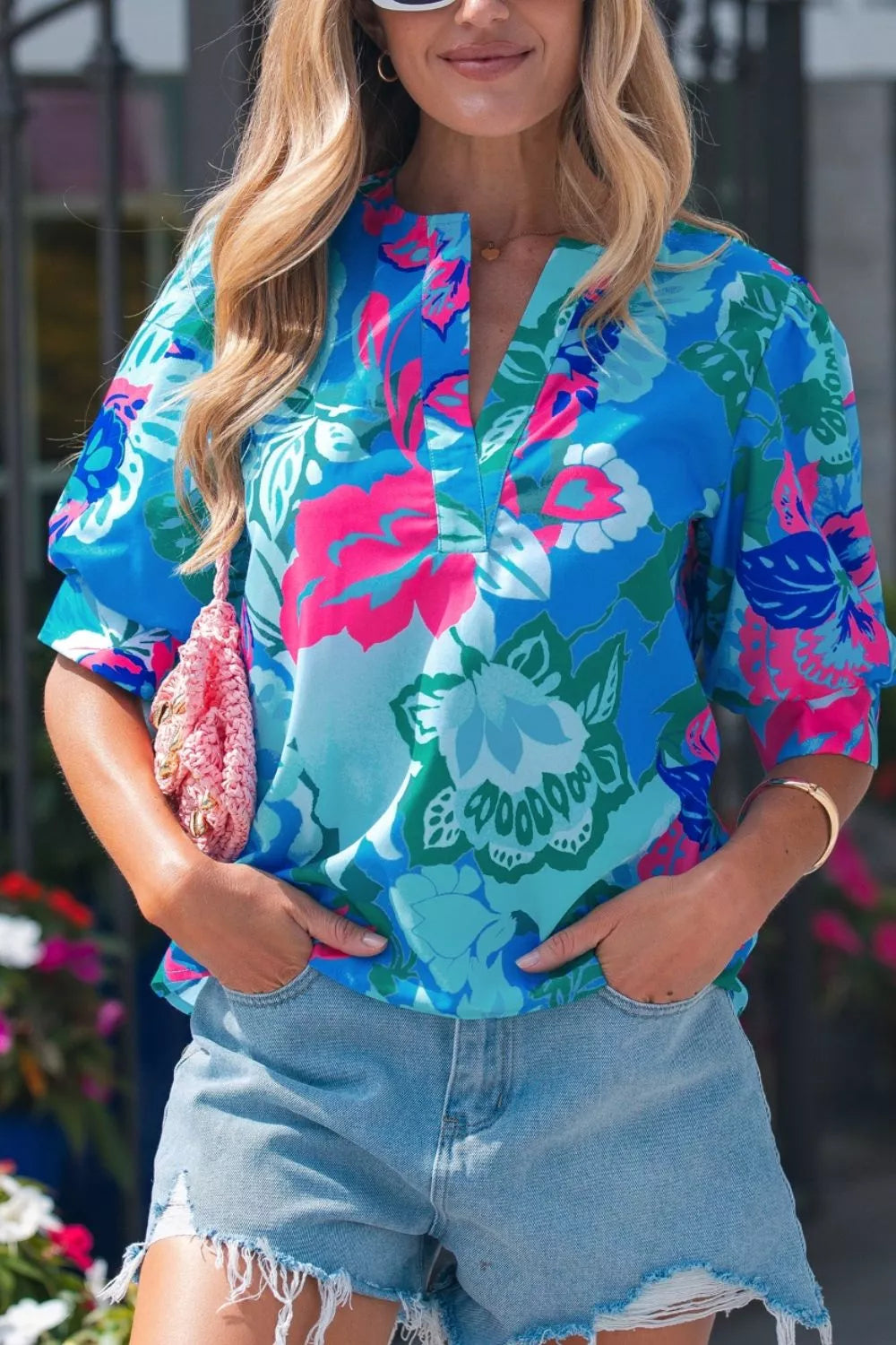 Floral Print V Neck Half Sleeve Blouse