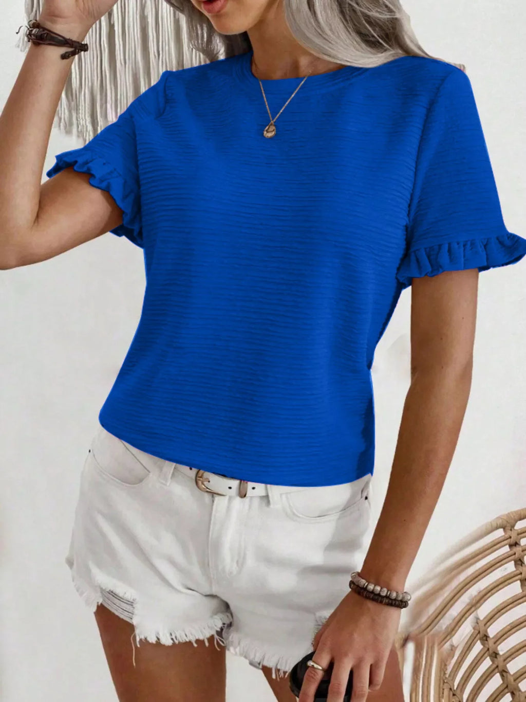 Textured Ruffle Sleeve Round Neck T-Shirt