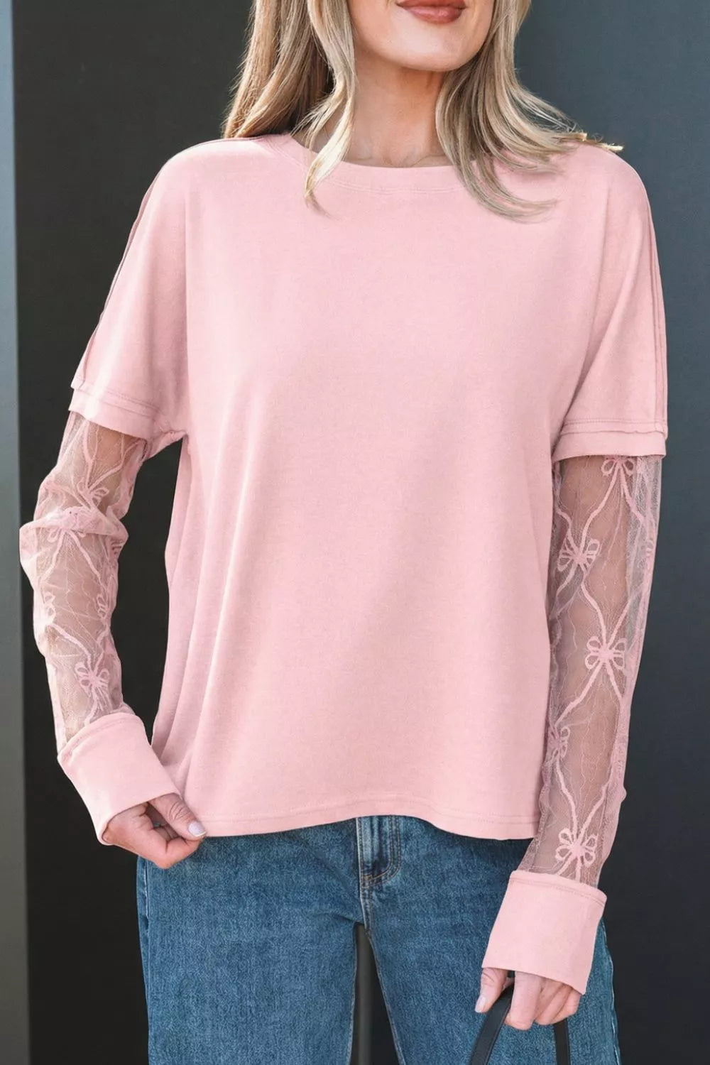 Solid Color Bow Textured Patchwork Long Sleeve Tee