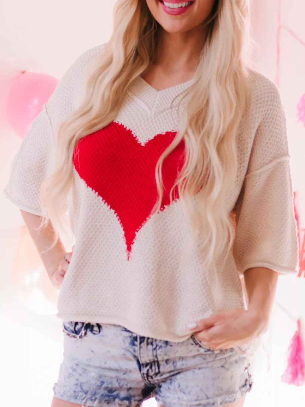 V-Neck Dropped Sleeve Heart Print Valentines Sweater