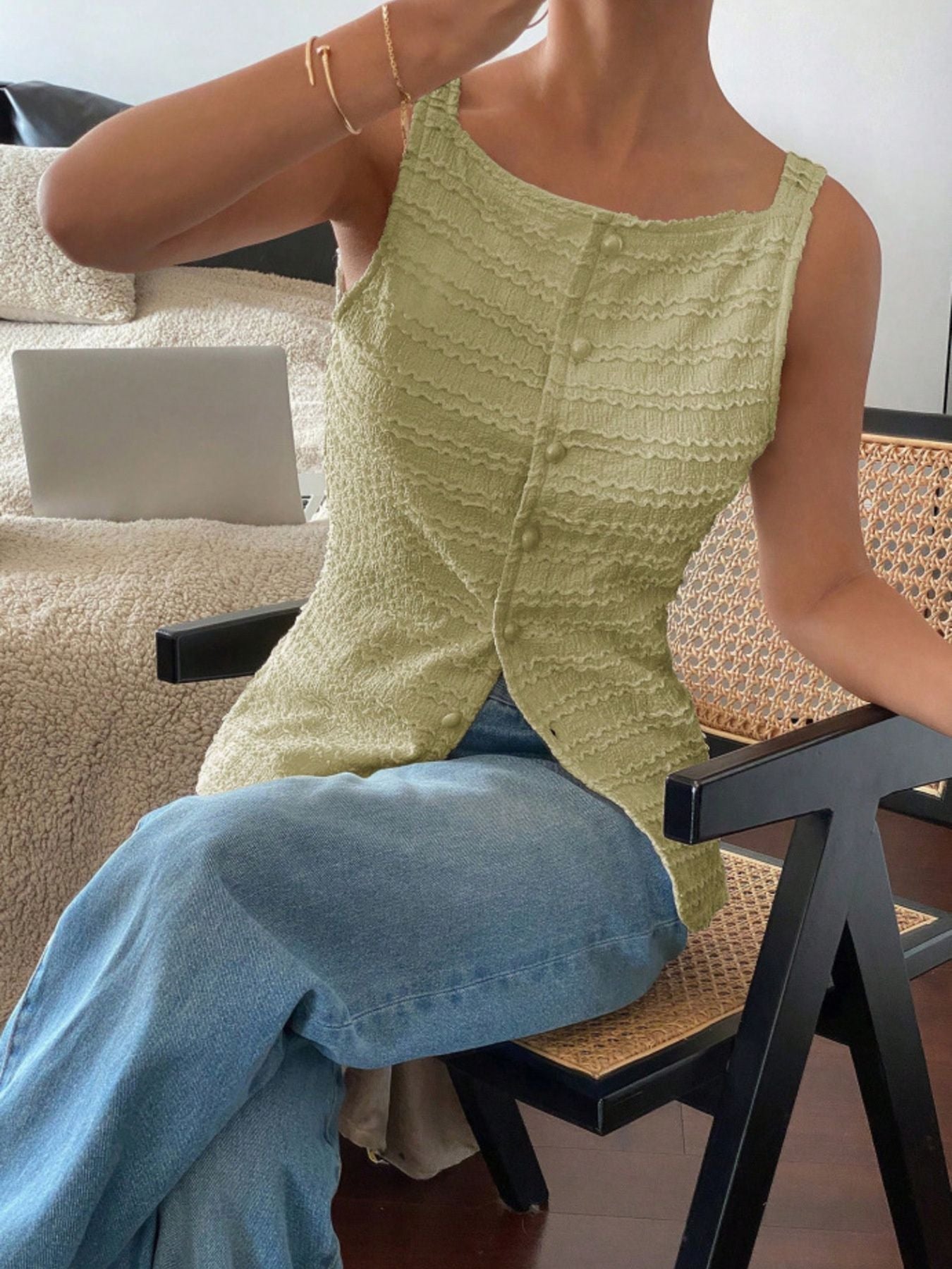 Textured Button-Front Tank