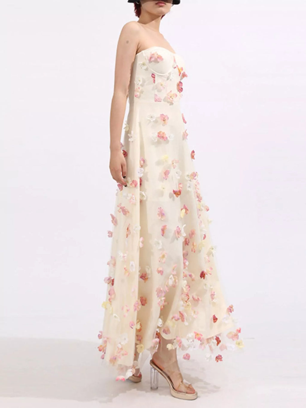 Floral Applique Strapless Tulle Maxi Dress