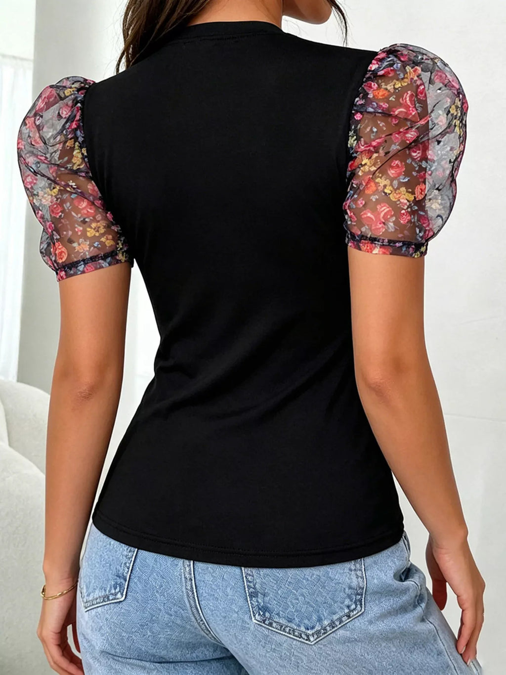Floral Puff Sleeves Mock Neck Blouse