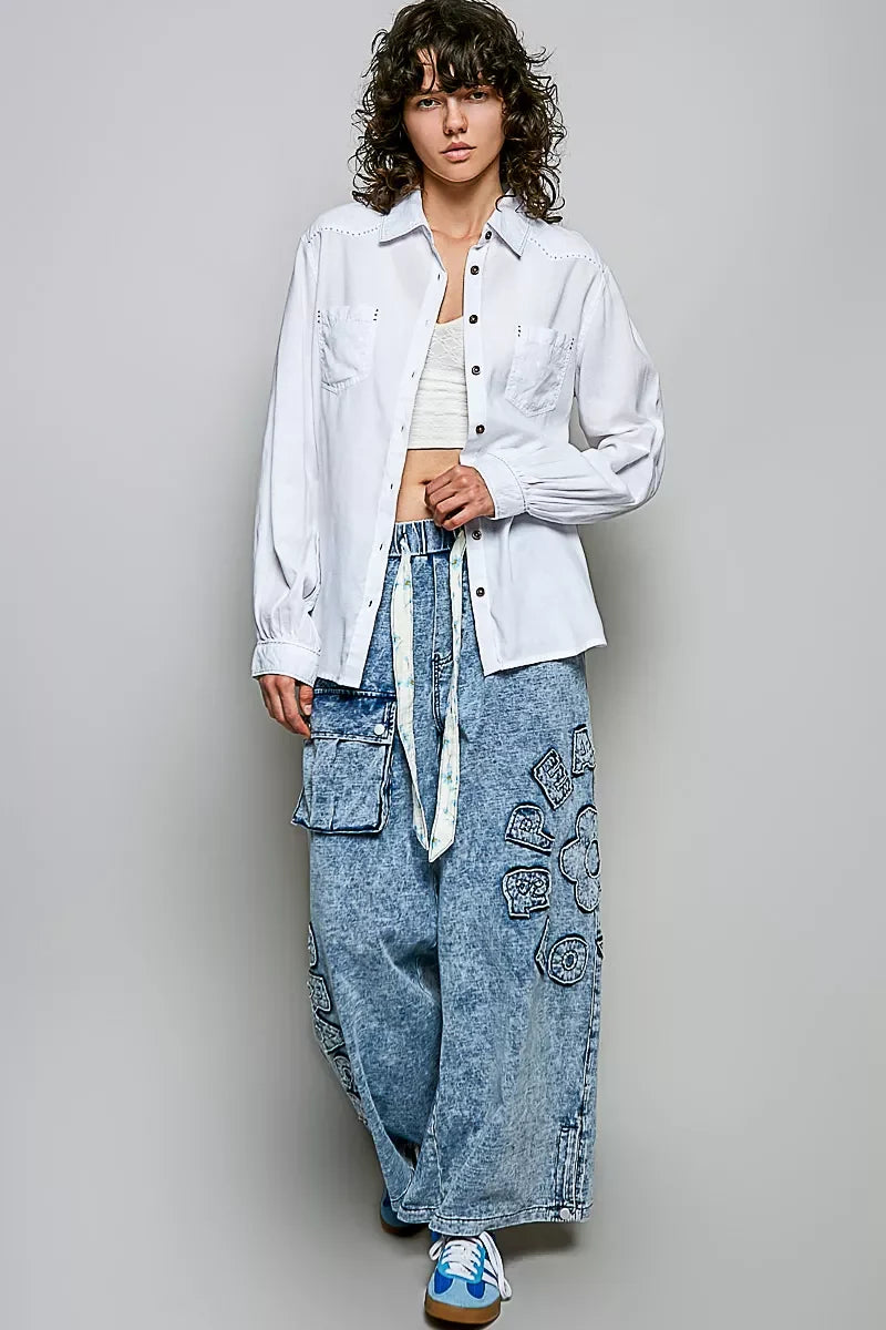POL Washed Textured Cotton Western Button Front Shirt