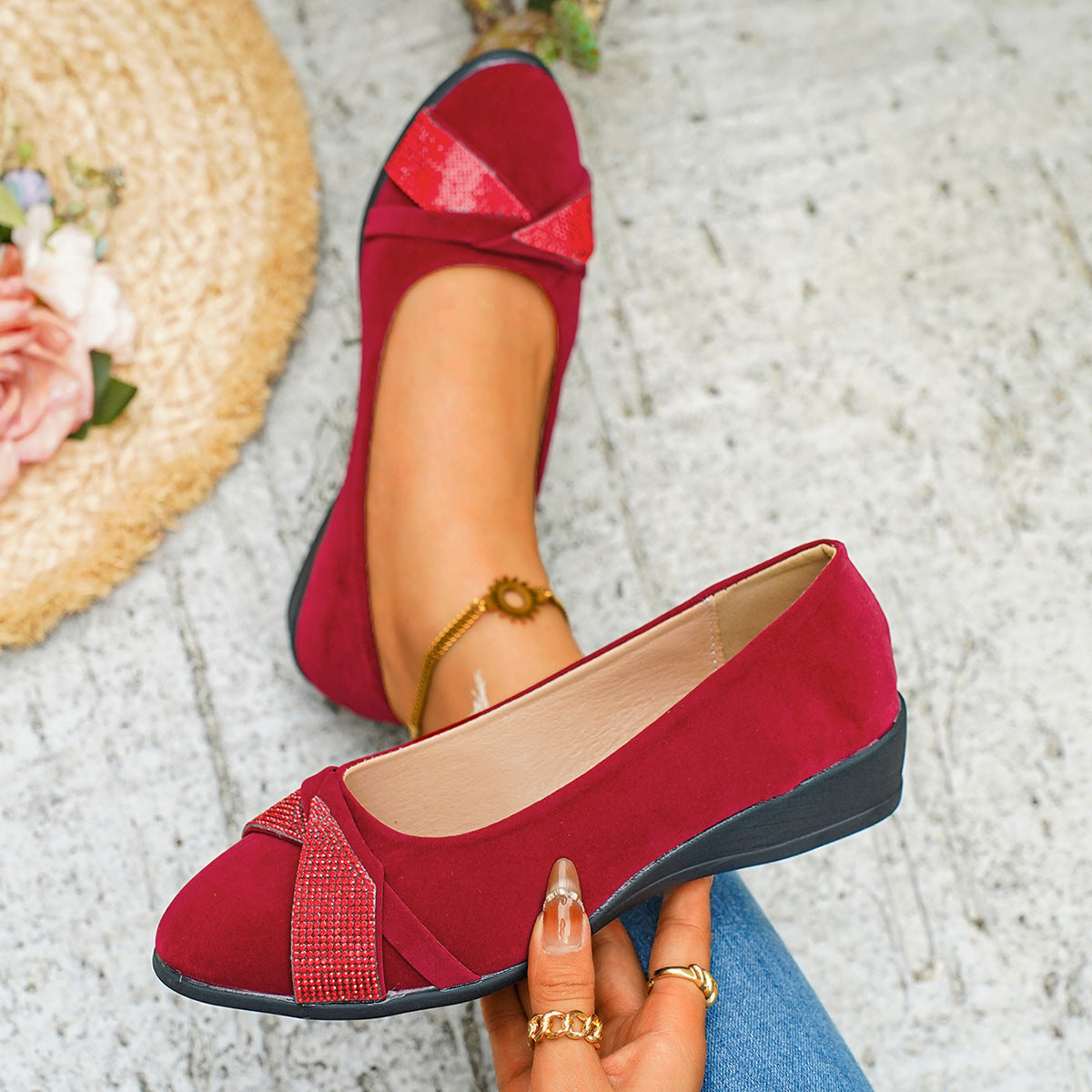 Rhinestone Embellished Wedge Slip-Ons