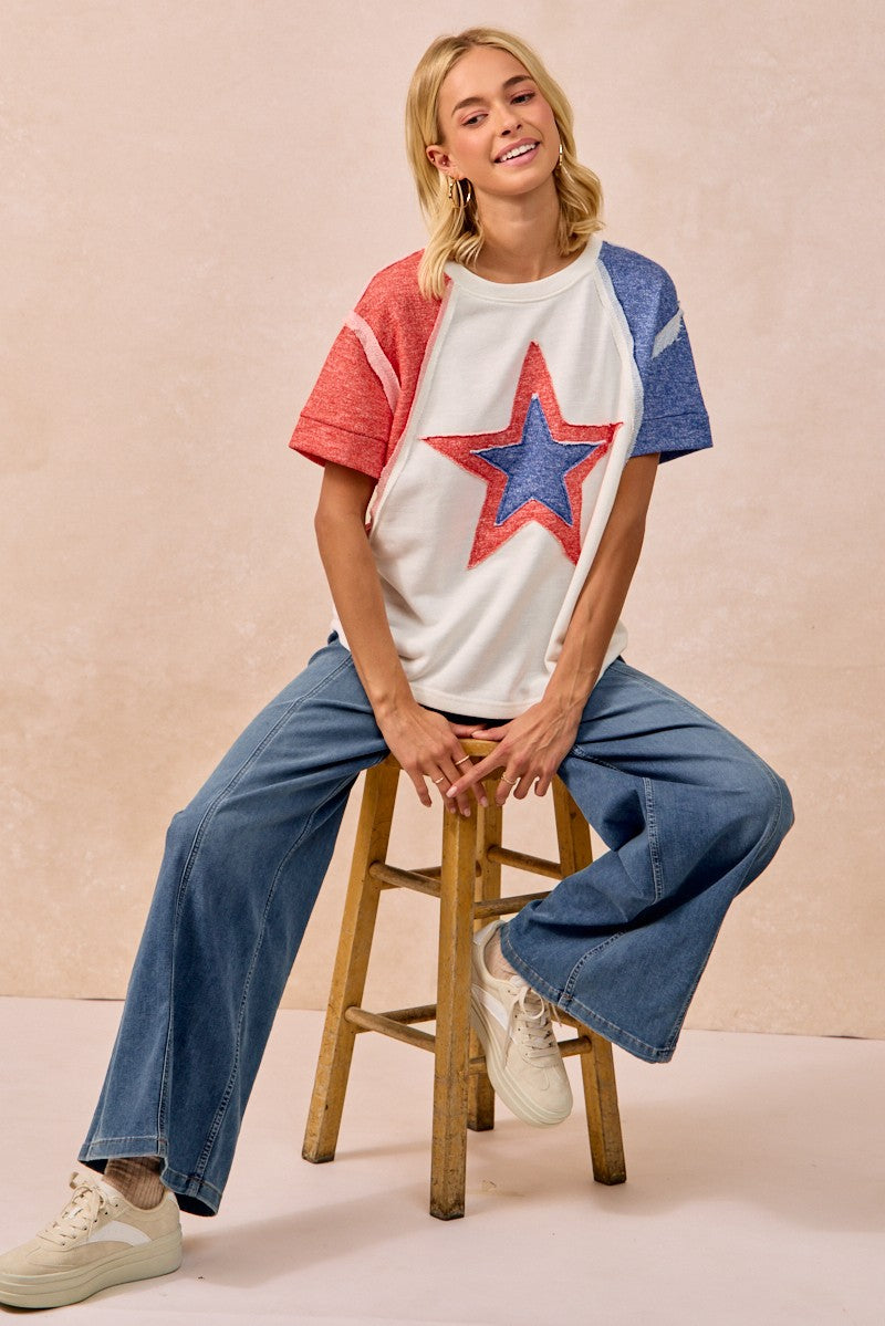 BiBi Contrast French Terry Cut Edge Detail Fourth Of July Theme T-Shirt