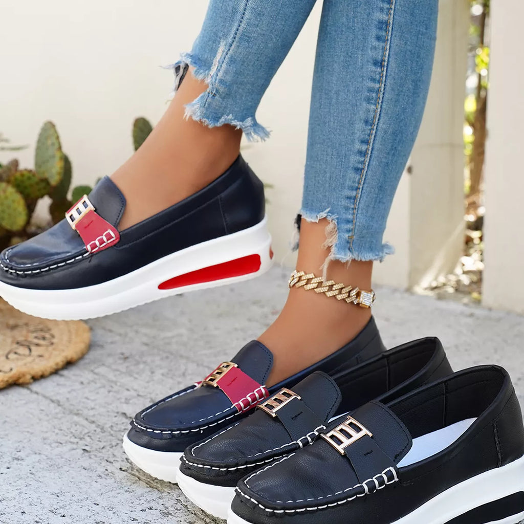 Metal Buckle Round Toe Slip-Ons