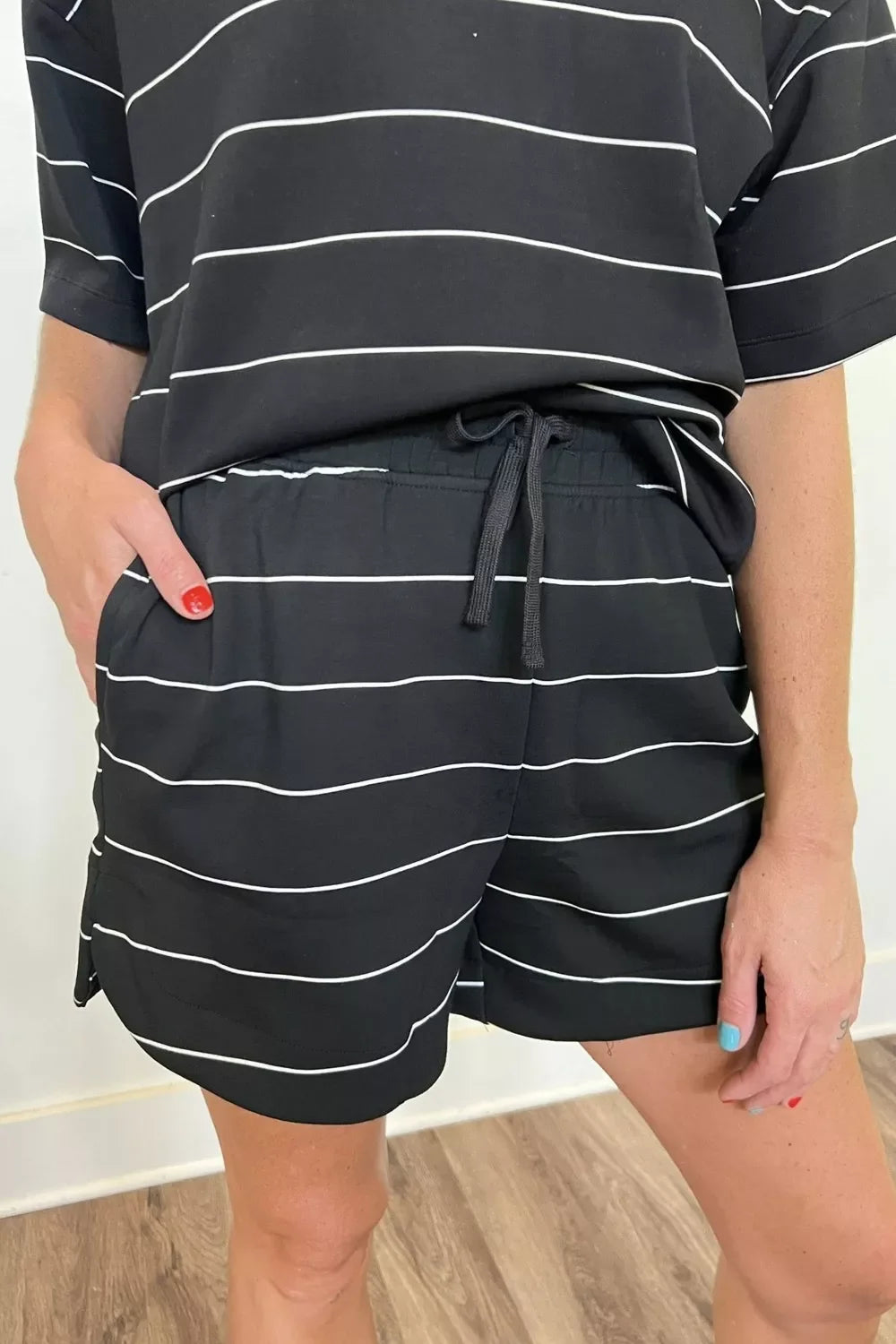 Striped Round Neck Top and Drawstring Shorts Set