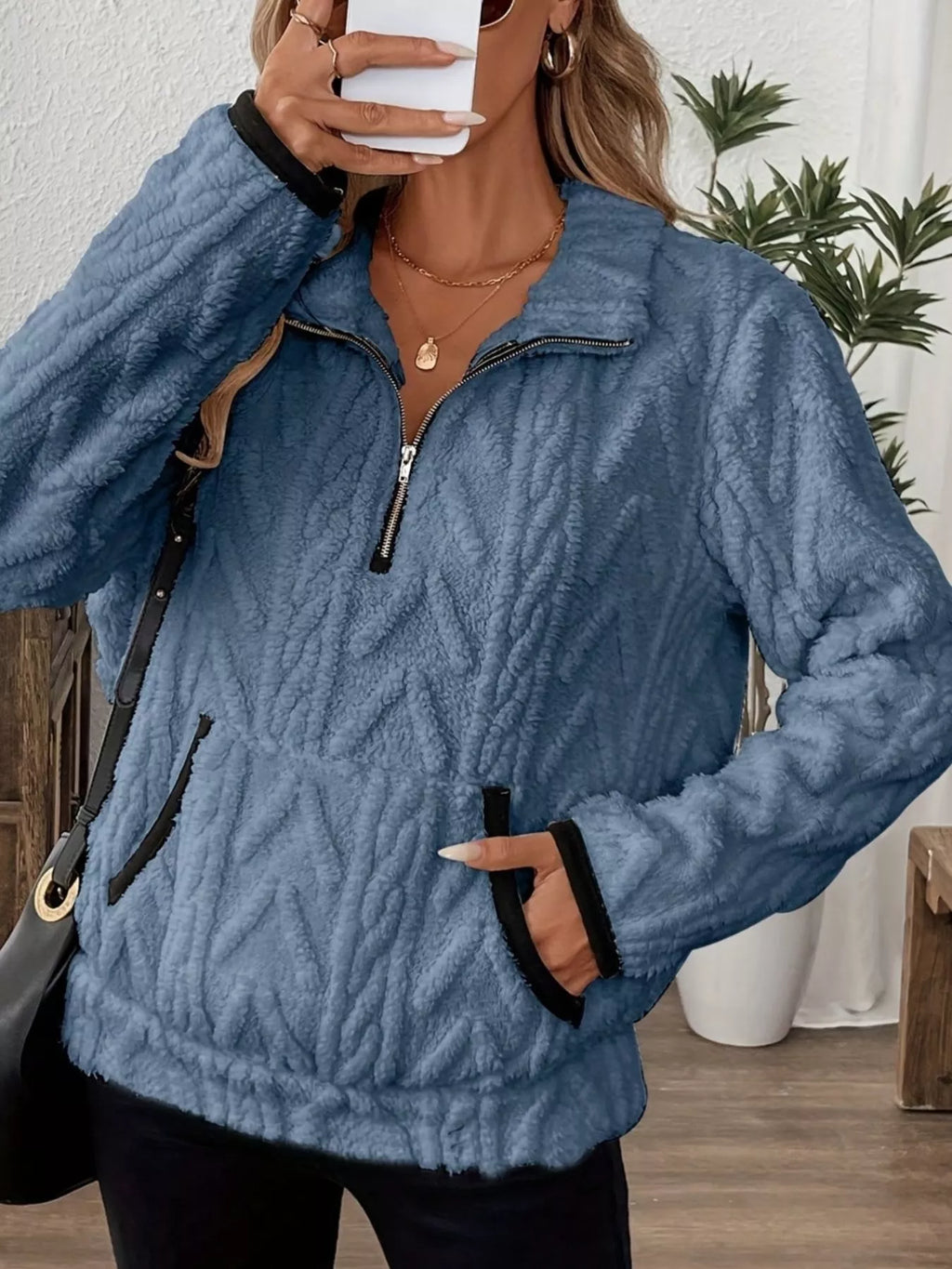 Full Size Half Zip Kangaroo Pocket Sweatshirt Plus Size