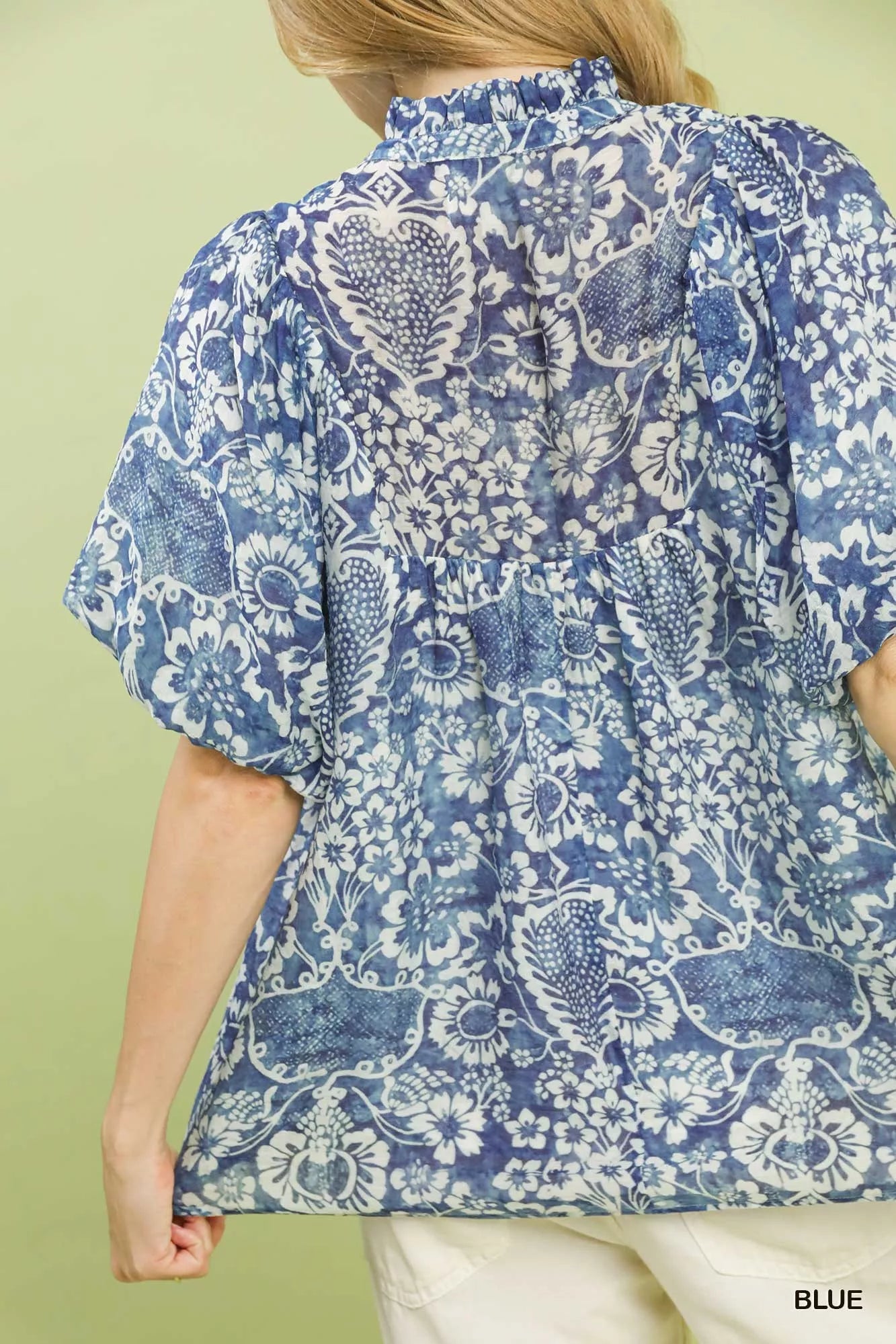 Umgee Abstract Print Ruffled Puff Sleeve Top