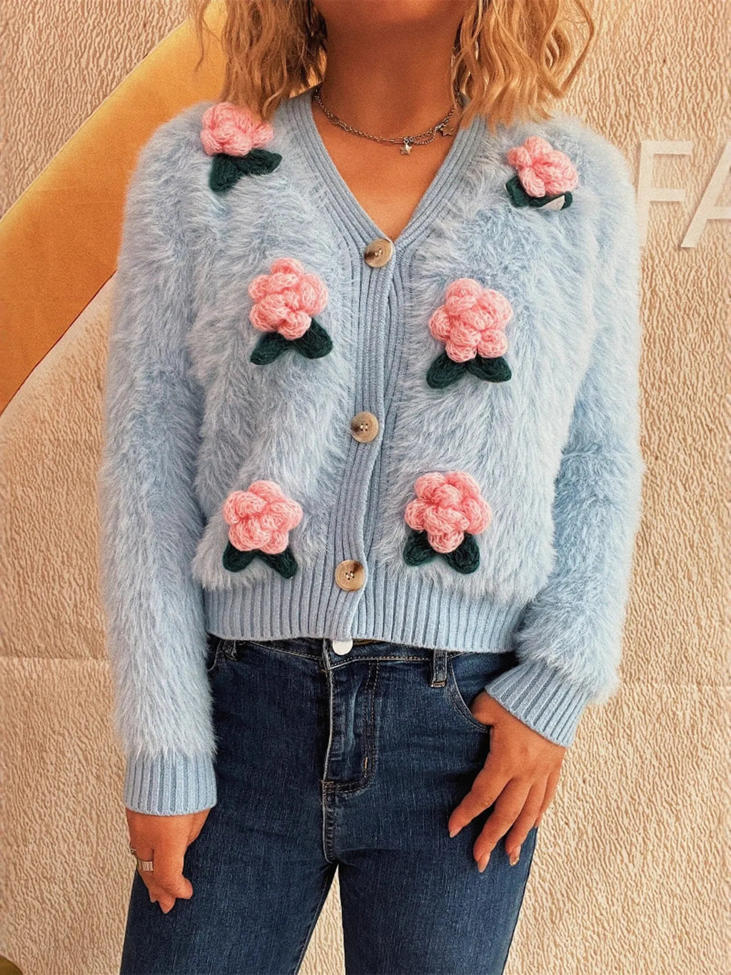 Flower Fuzzy Button-Up Cardigan