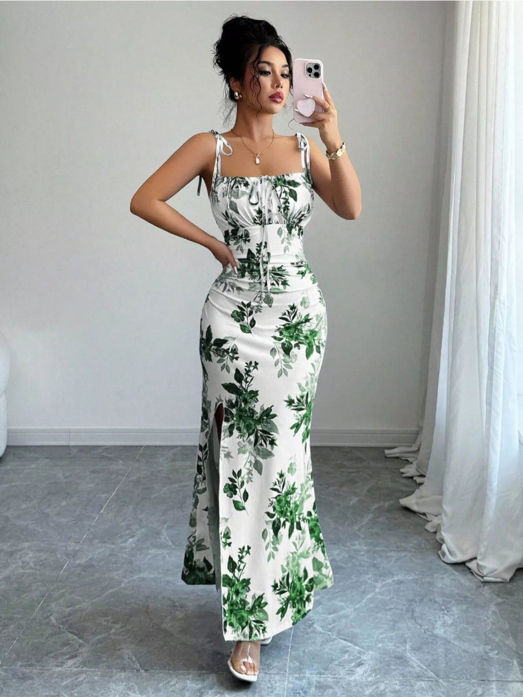 Printed Tie Strap Slit Maxi Dress