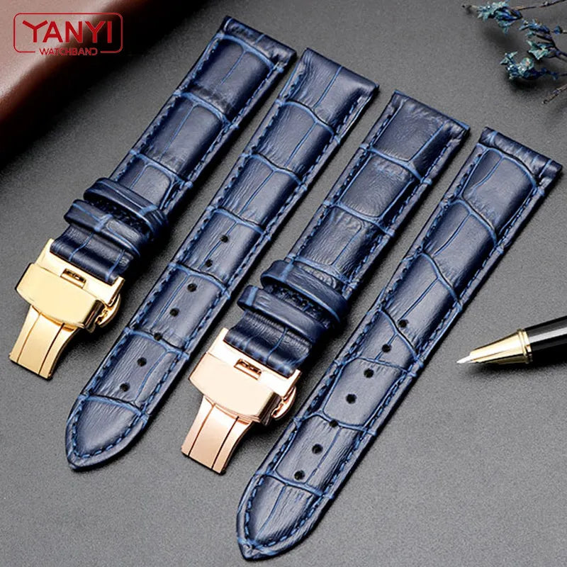 ⌚✨ Genuine Leather Dark Blue Watch Strap with Butterfly Clasp ✨⌚