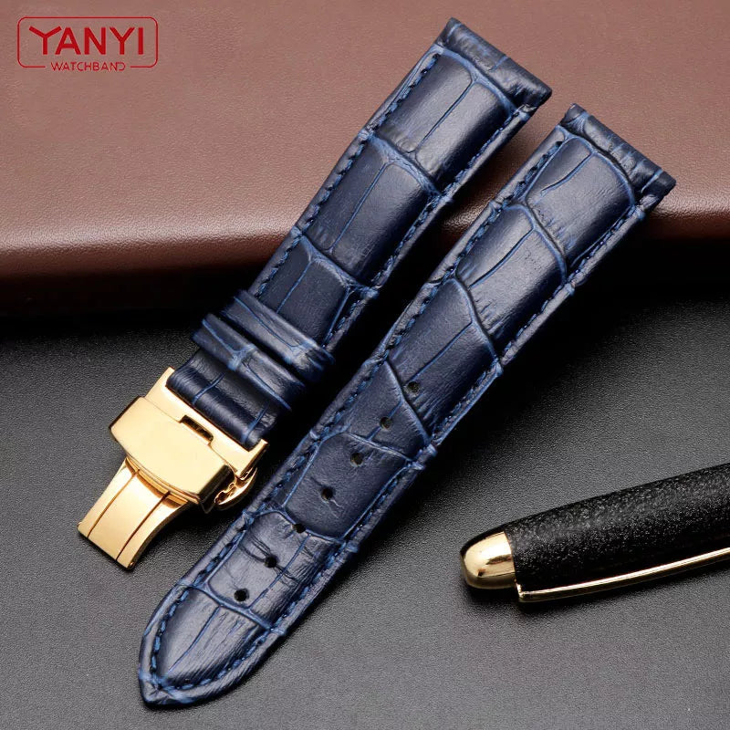 ⌚✨ Genuine Leather Dark Blue Watch Strap with Butterfly Clasp ✨⌚