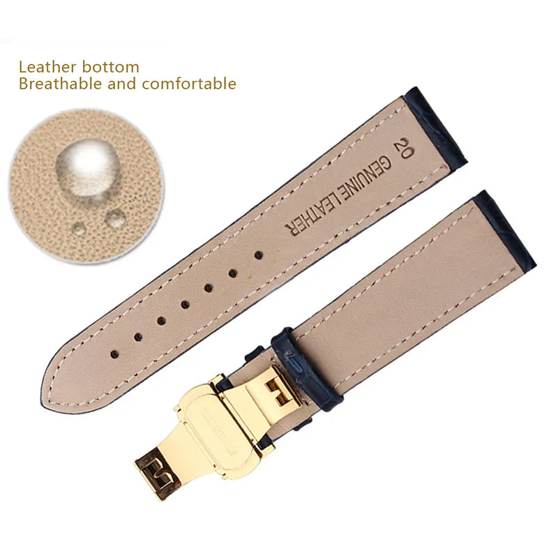 ⌚✨ Genuine Leather Dark Blue Watch Strap with Butterfly Clasp ✨⌚