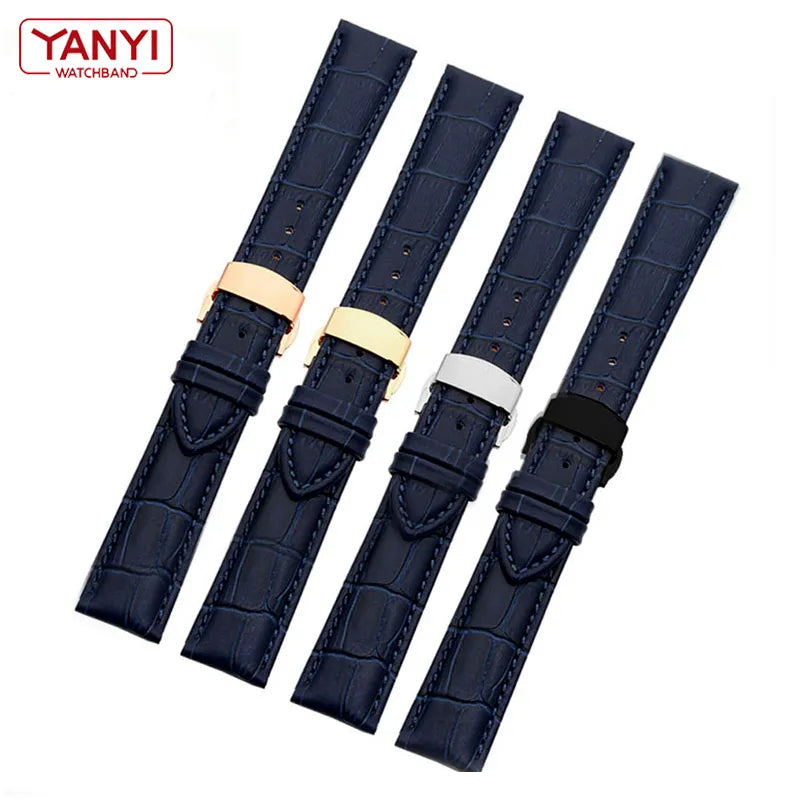 ⌚✨ Genuine Leather Dark Blue Watch Strap with Butterfly Clasp ✨⌚