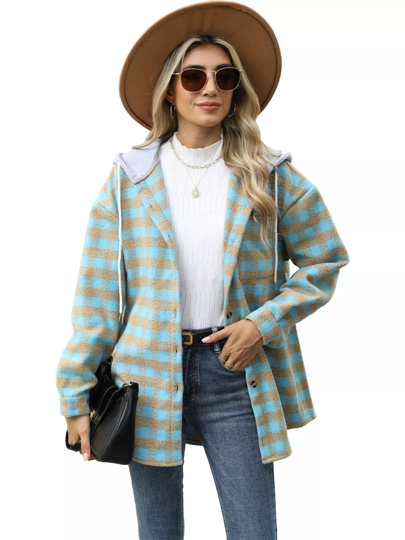 Plaid Button Up Long Sleeve Drawstring Hooded Jacket