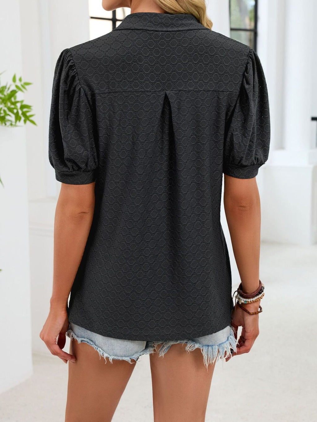 Eyelet Johnny Collar Puff Sleeve Top