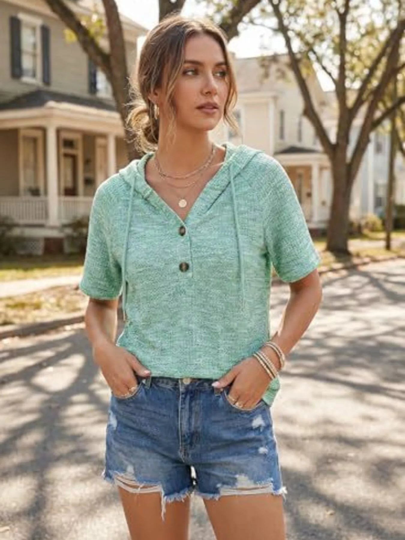 Drawstring Short Sleeve Hooded Top