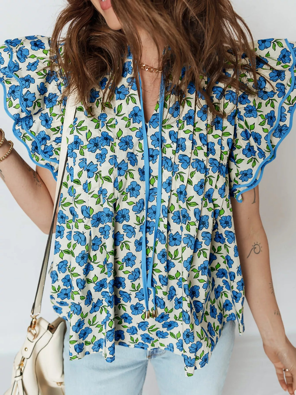 Floral Print Ruffle Sleeve Tie Neck Blouse