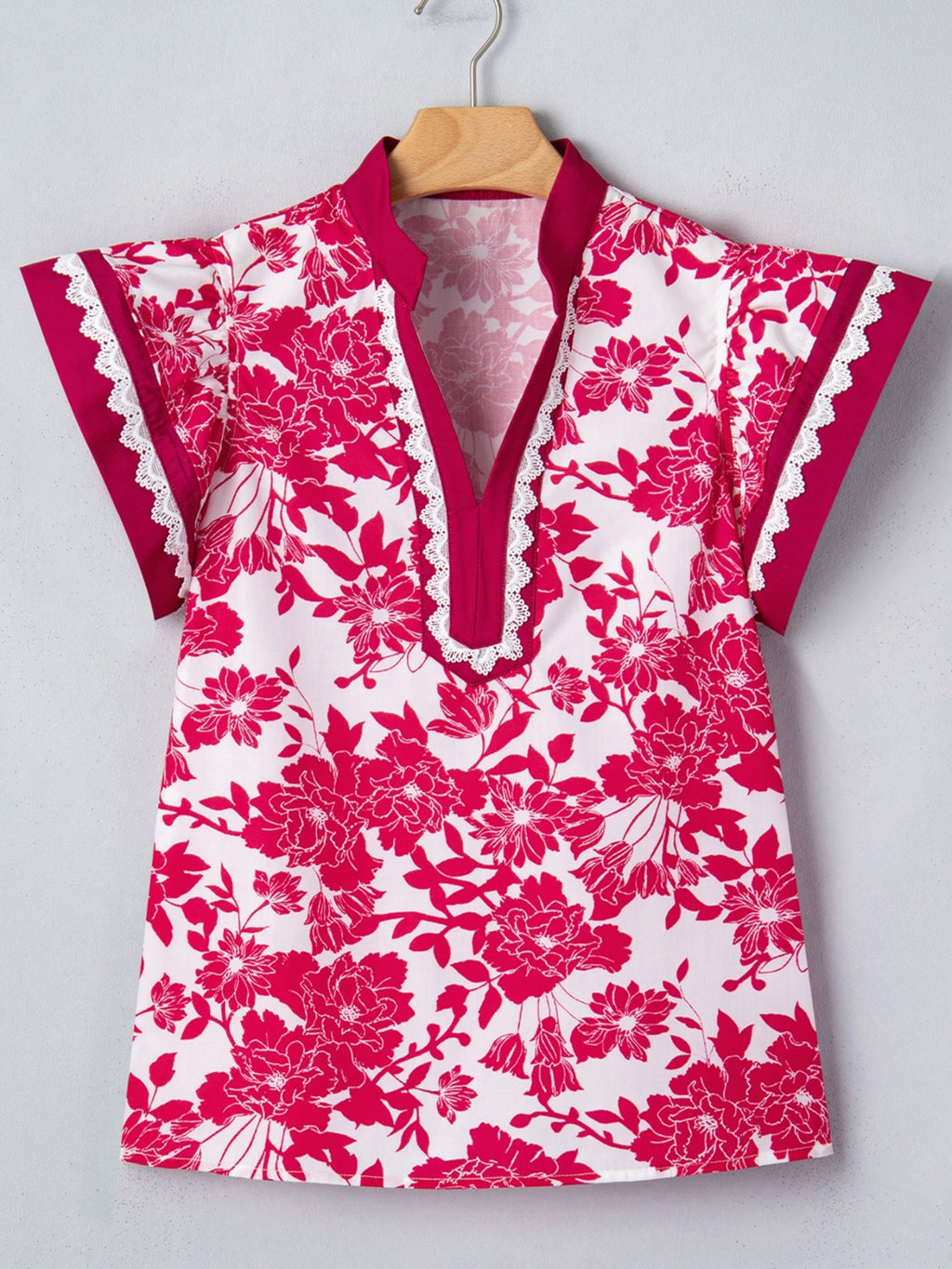 Floral Print Color Block Trim Lace Detail V Neck Flutter Sleeve Blouse