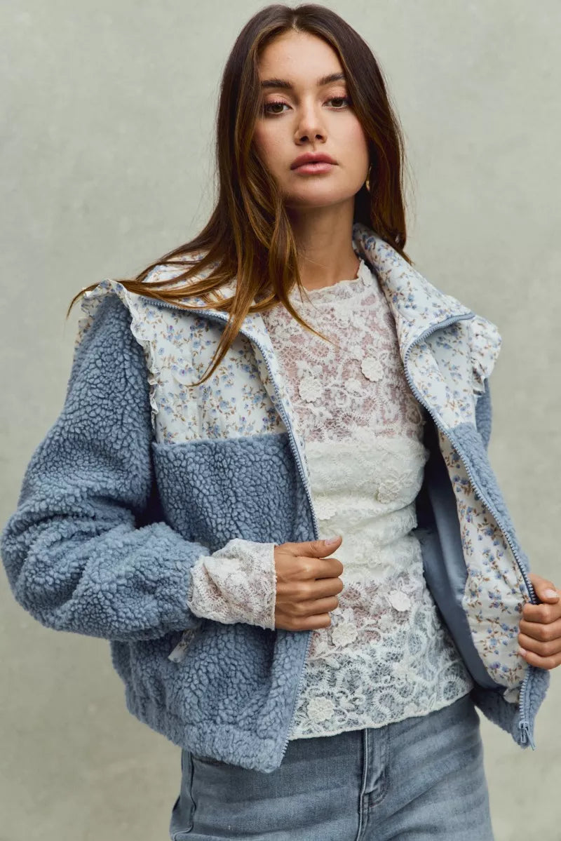 SO ME Faux Fur Sherpa Pull Jacket with Floral Contrast