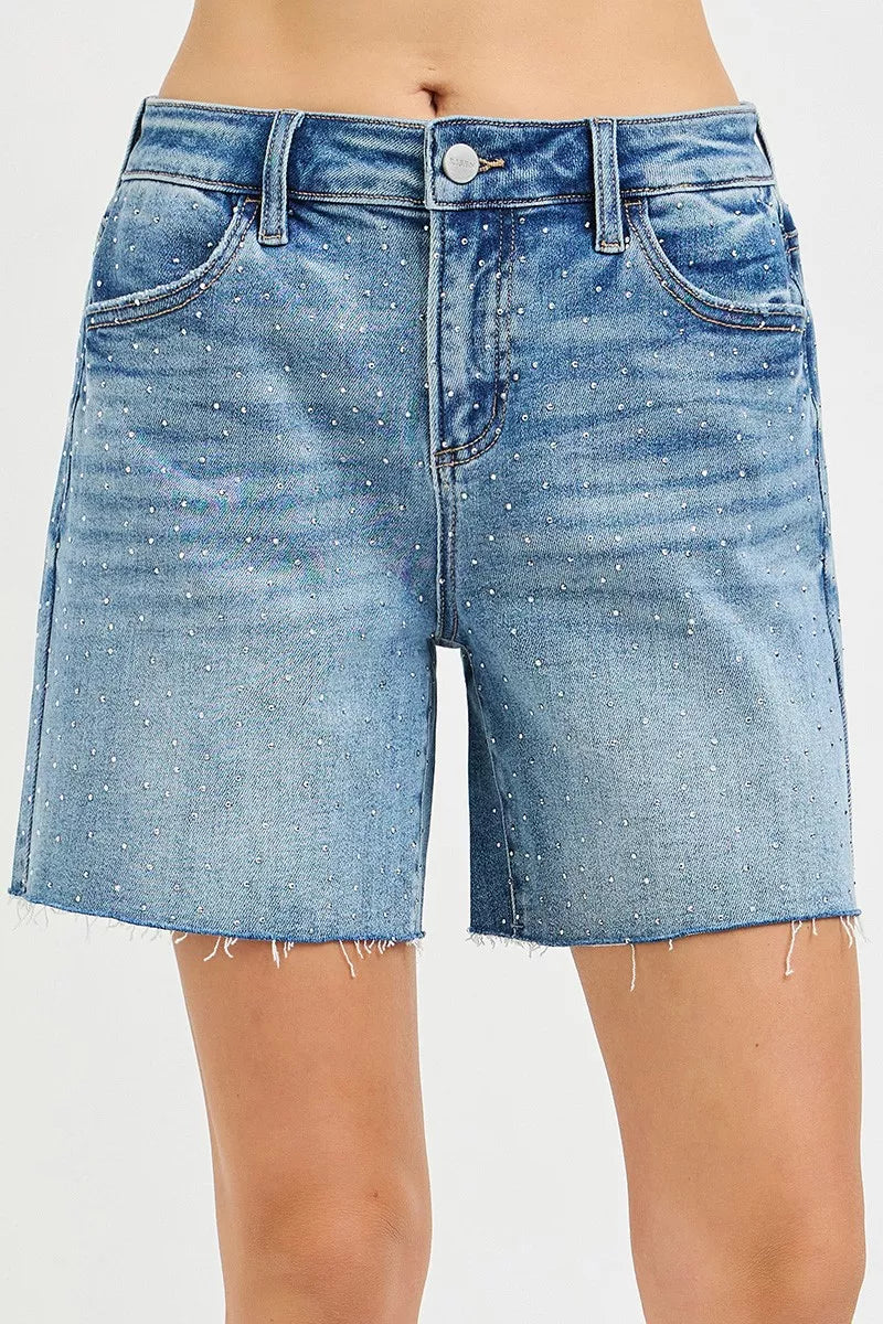 RISEN Slouchy Mid Length All Over Rhinestones Shorts