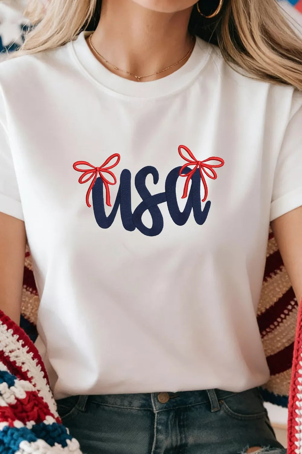 USA Lettering Bow Embroidered T Shirt