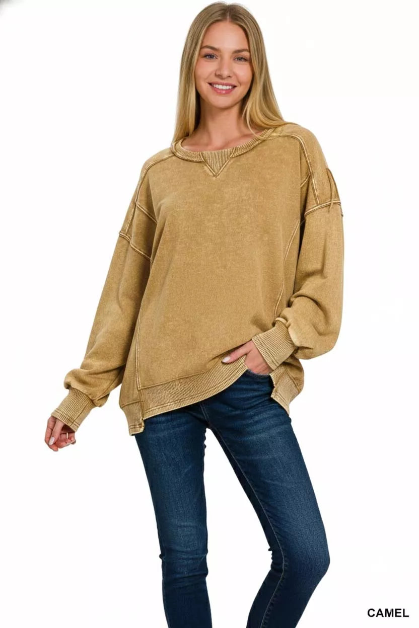 Zenana French Terry Acid Wash Pullover