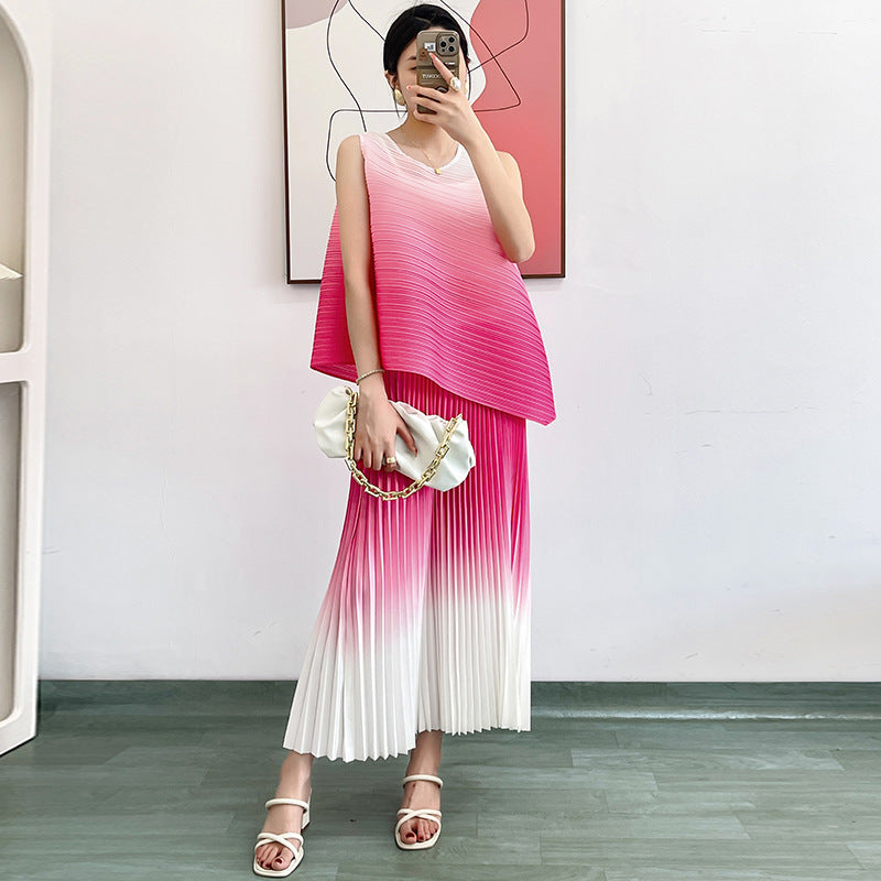 Women Summer Fashion Gradient Color 2 Pieces Dress Sets Chic Stretchy Pullover Tops & Midi Pleated Skirt Outfits