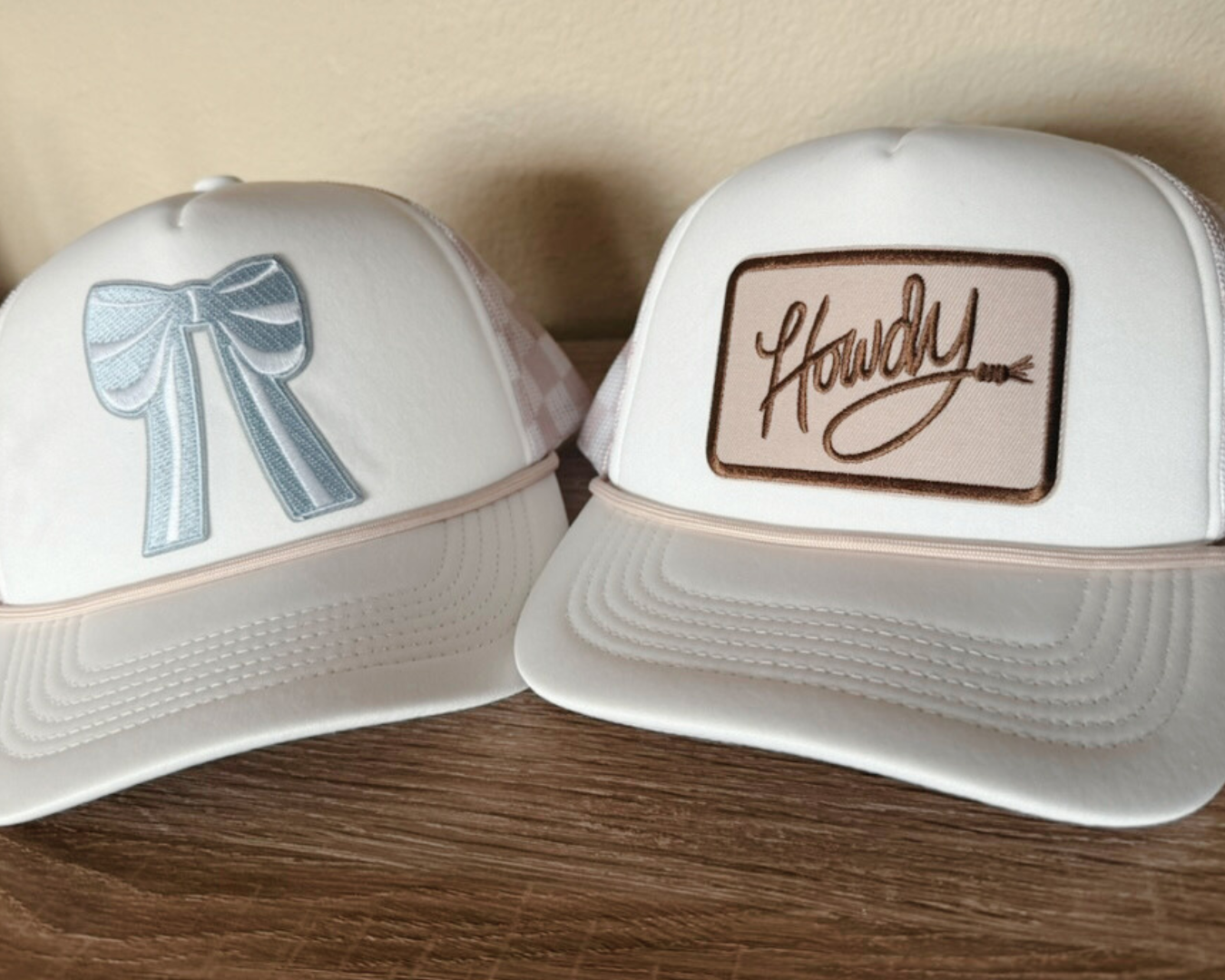 HOWDY on Neutral Hat - Checkered Mesh Trucker Hat