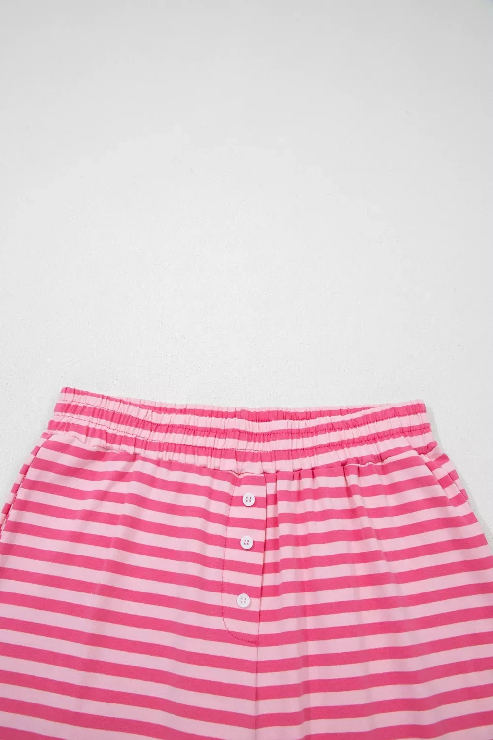 Stripe Drop Shoulder Round Neck Top and Buttoned Straight Pants Two Piece Set