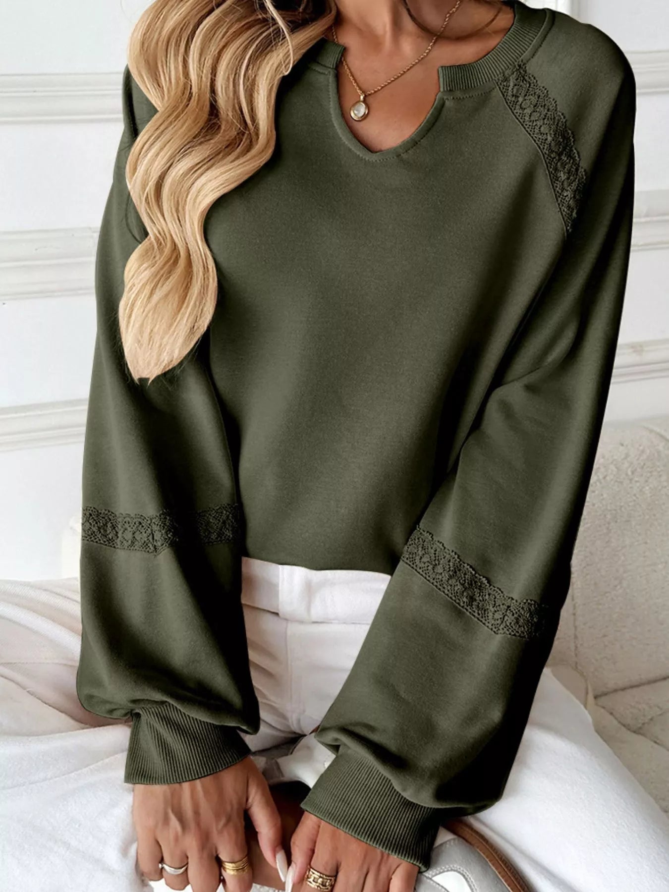 Notched Raglan Sleeve Sweatshirt