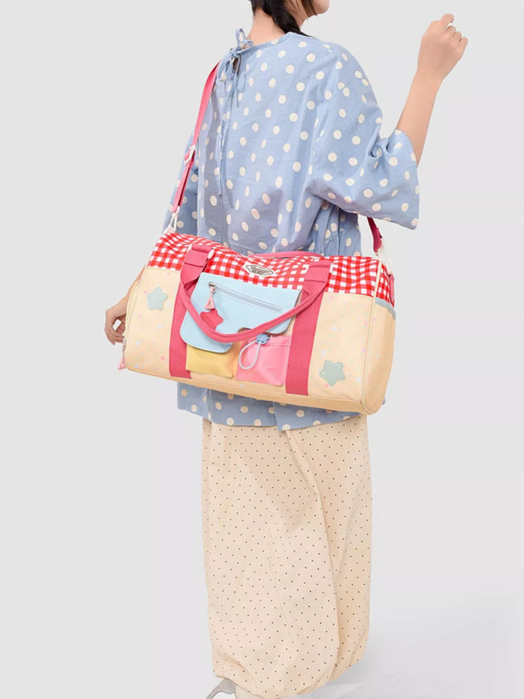 Gingham Duffel Bag with Multi-Pockets