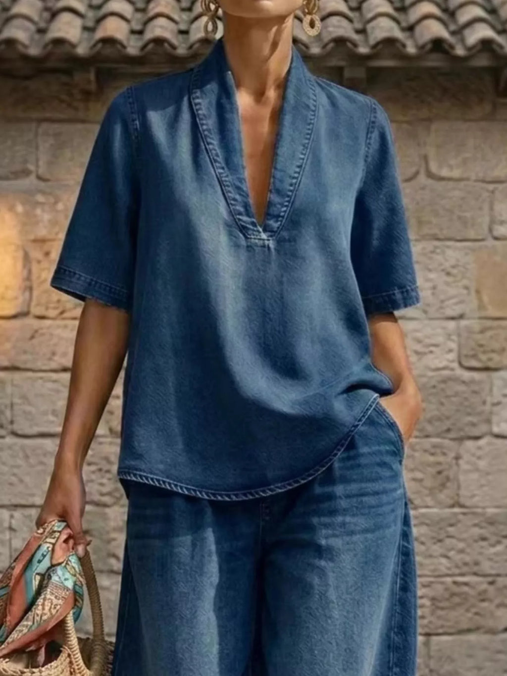 Full Size Half Sleeve Top and Wide Leg Pants Set Plus Size