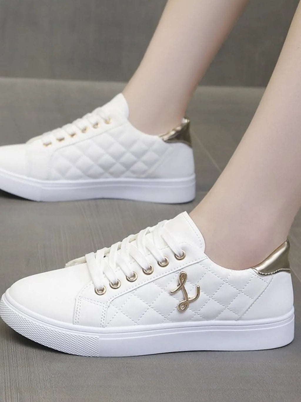 Quilted Platform Sneakers with Metallic Gold Accents
