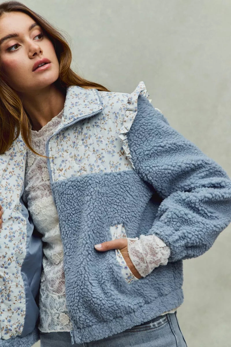 SO ME Faux Fur Sherpa Pull Jacket with Floral Contrast