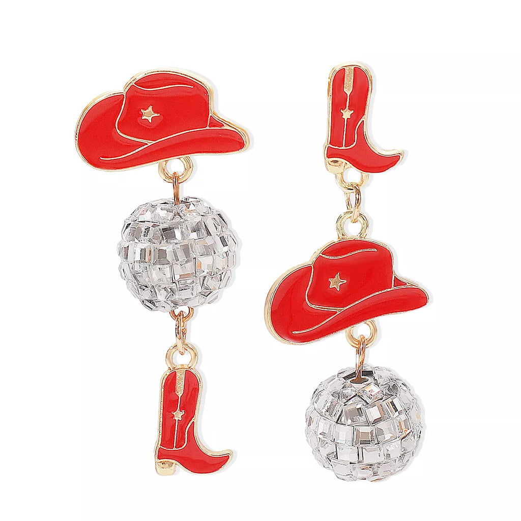 Asymmetrical Cowgirl Boot Hat Ball Dangle Earrings