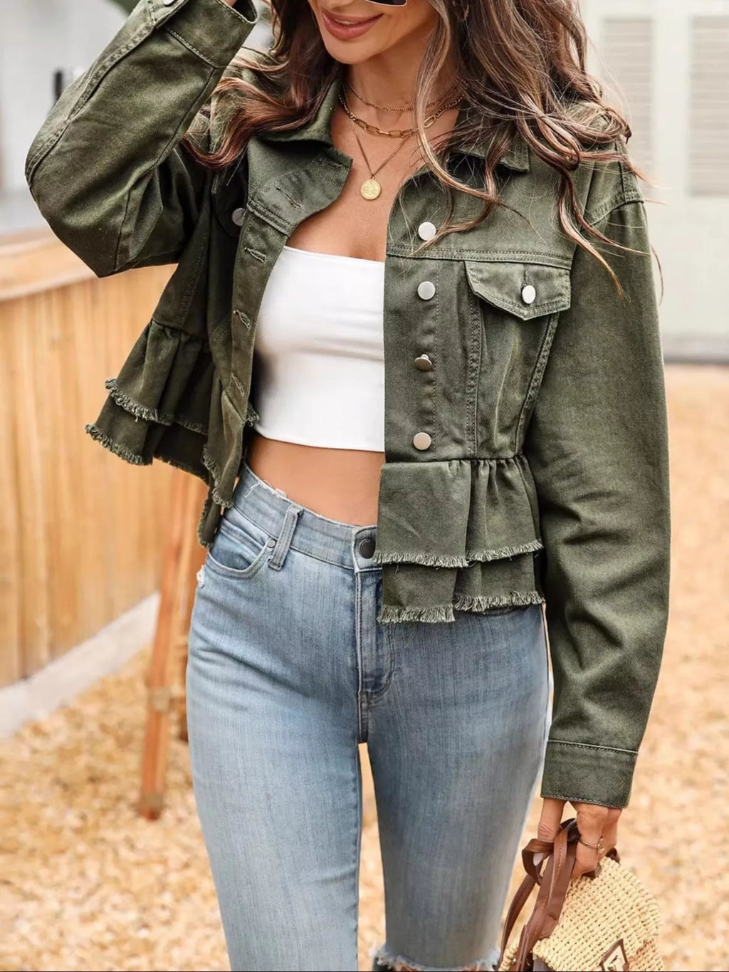Ruffle Raw Hem Denim Jacket