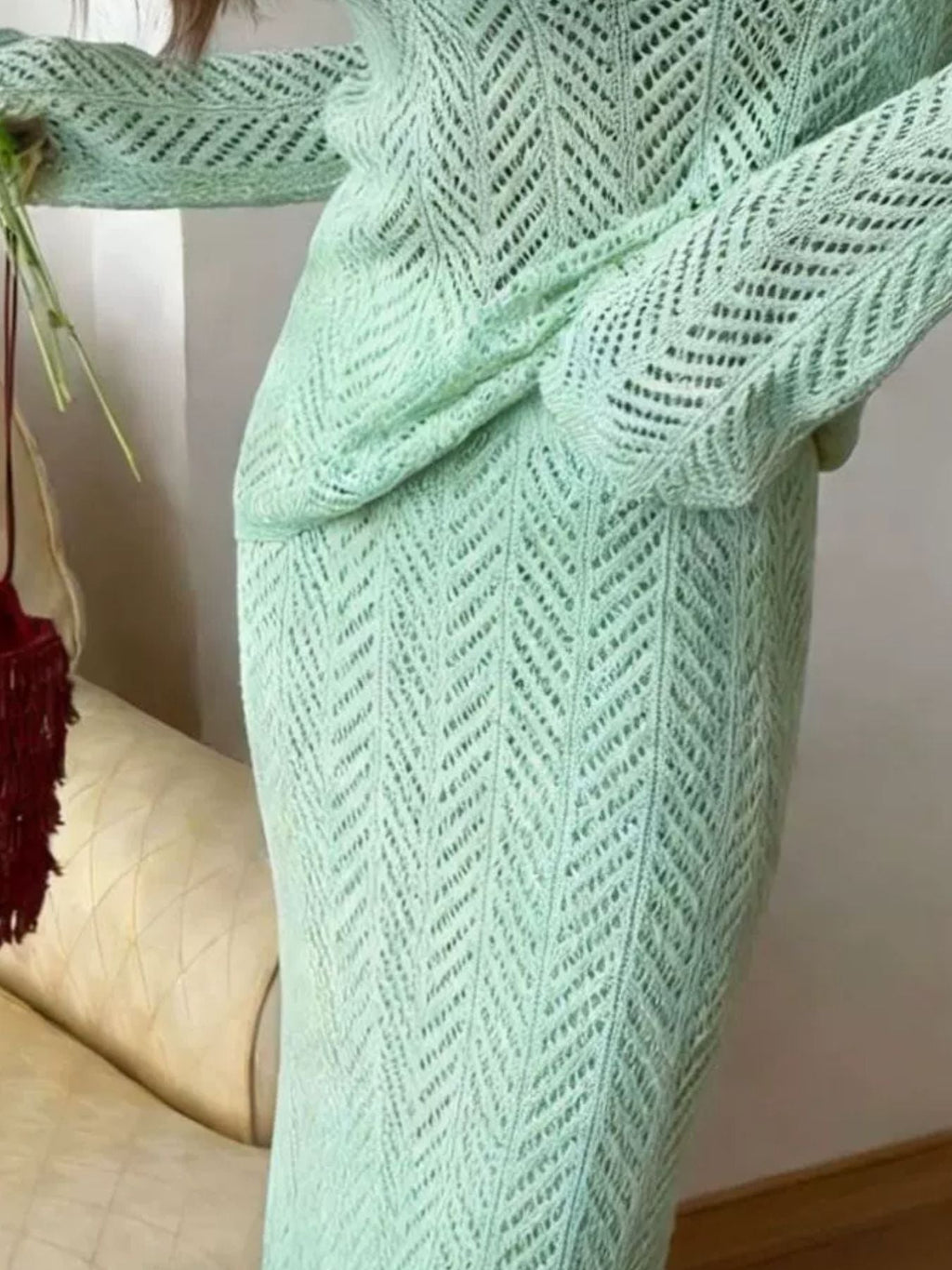 Openwork Long Sleeve Knit Top and Skirt Set
