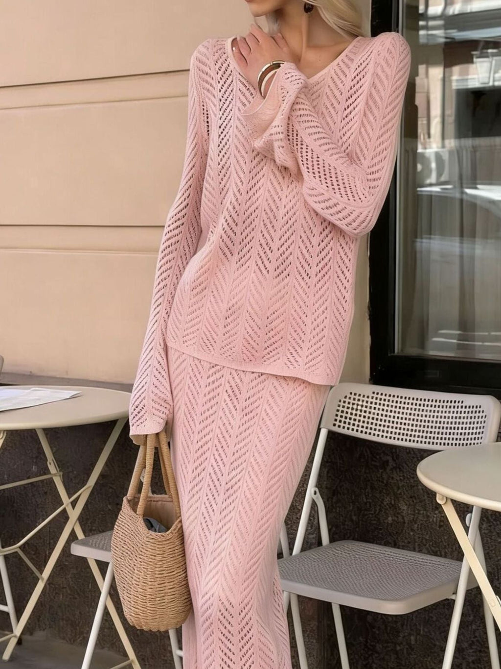 Openwork Long Sleeve Knit Top and Skirt Set
