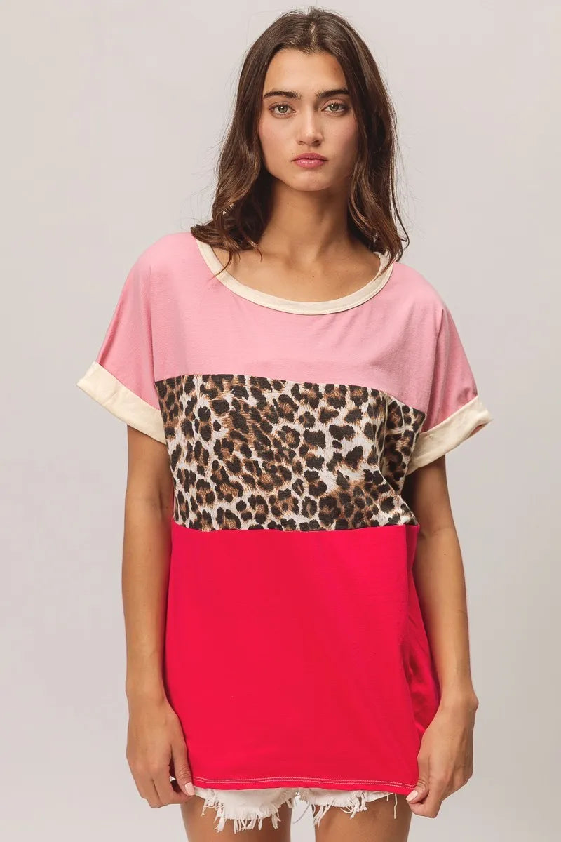 BiBi Leopard Printed Jersey  Color Block Roll Up