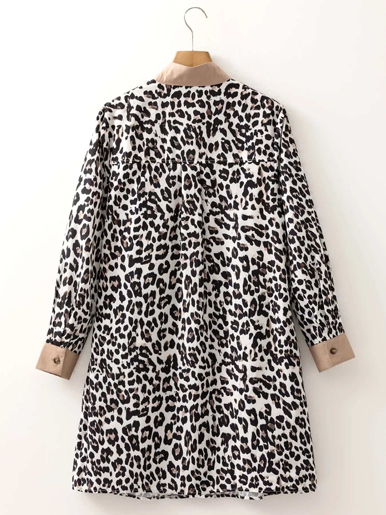 Striped Collar Leopard Print Long Sleeve Flared Dress