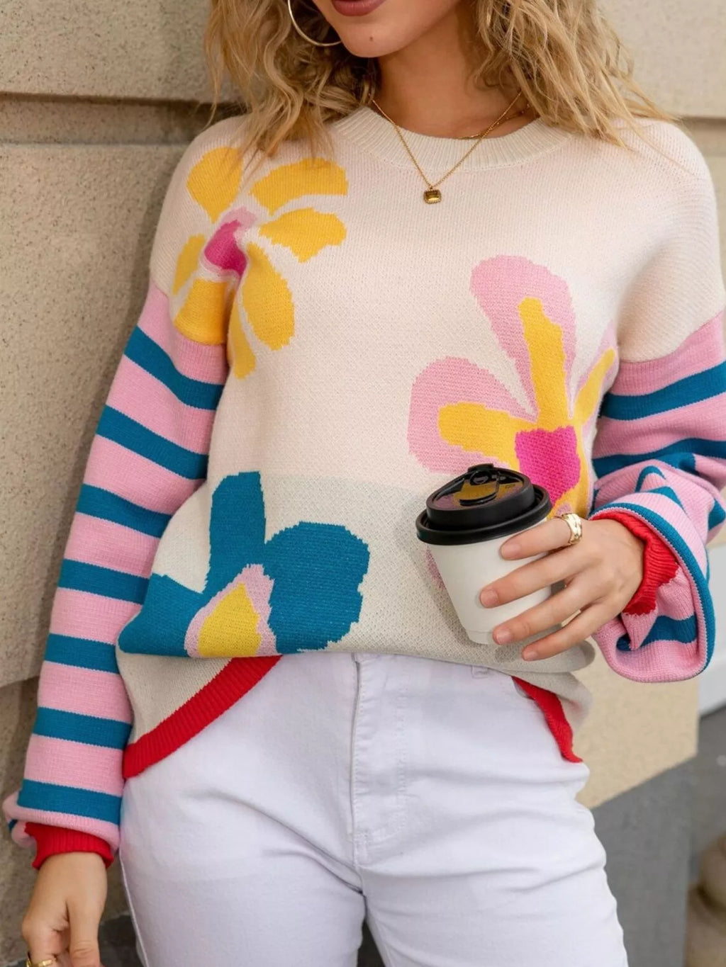 Floral Striped Crew Neck Sweater