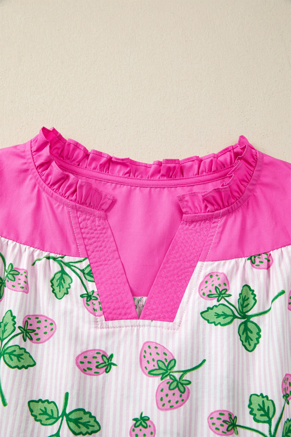 Striped Strawberry Printed Color Block Patchwork V Neck Flutter Sleeve Blouse