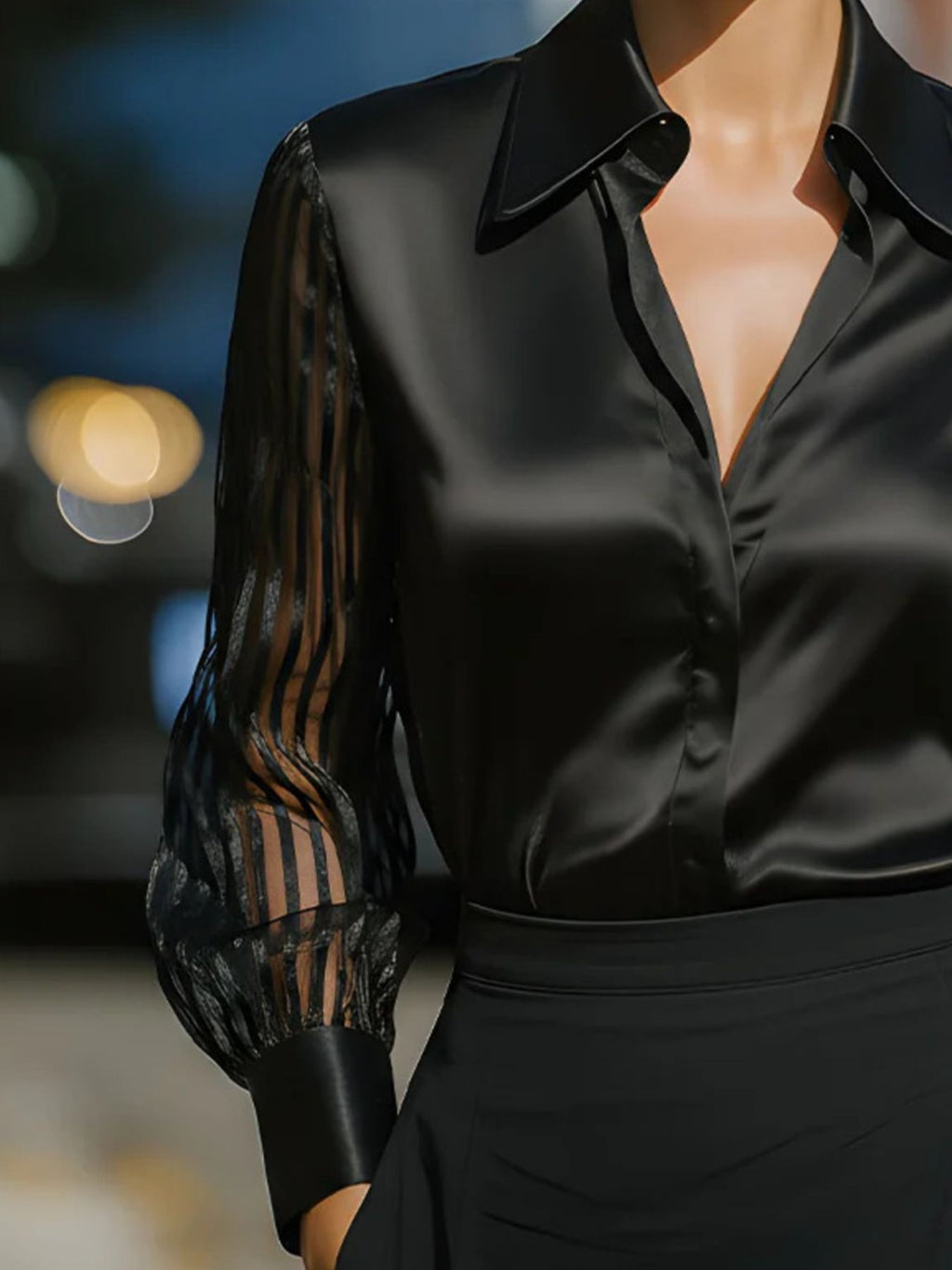 Collared Neck Sheer Sleeve Shirt