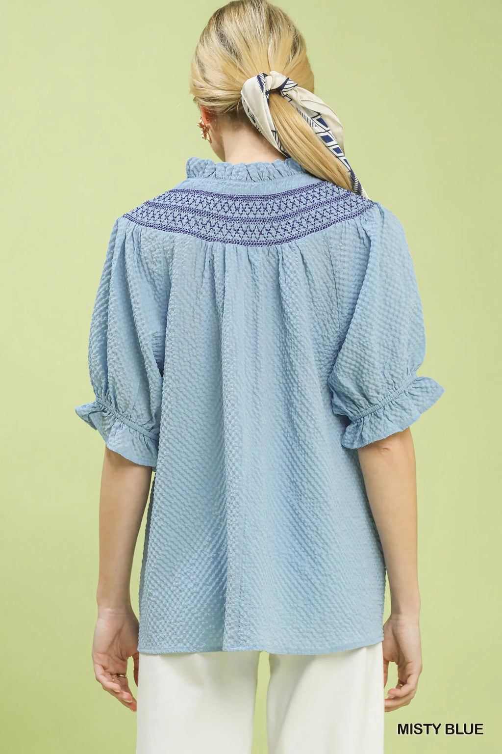 Umgee Textured Henley Blouse with Ruffle Cuffs